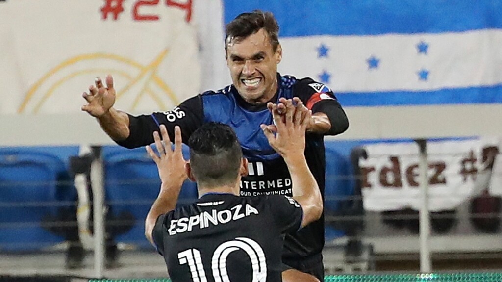 San Jose Earthquakes forward Cristian Espinoza (10) celebrates with forward Chris Wondolowski, who scored a goal against the Real Salt Lake during the first half of an MLS soccer match Wednesday, Oct. 28, 2020, in San Jose, Calif. (AP Photo/Josie Lepe)