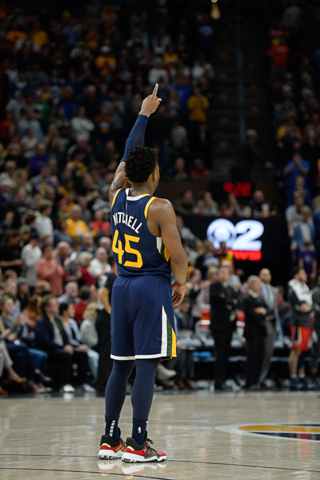 (Francisco Kjolseth  |  The Salt Lake Tribune)  Utah Jazz guard Donovan Mitchell (45) as the Utah Jazz host the New Orleans Pelicans in their NBA basketball game at Vivint Smart Home Arena in Salt Lake City on Sat. Nov. 23, 2019.