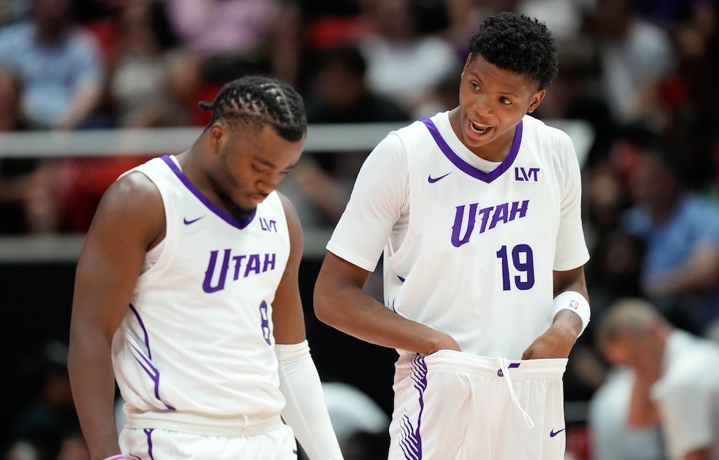 (Francisco Kjolseth  | The Salt Lake Tribune) Utah Jazz guard Isaiah Collier (8) and Jazz forward Ace Bailey (19) as the Utah Jazz take on the Memphis Grizzlies during an NBA Salt Lake City Summer League game at the Jon M. Huntsman Center on the University of Utah campus, Monday, July 7, 2025. 