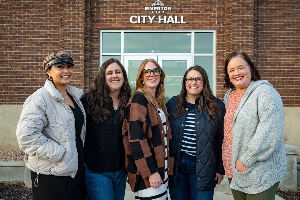 (Rick Egan | The Salt Lake Tribune) ICE protesters Alma Lopez, Brittany Maxfield, Annie Inkley, Miranda Wagner and Amanda Perkins, at Riverton City Hall on Tuesday, Feb. 3, 2026.

