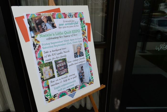 (Francisco Kjolseth  |  The Salt Lake Tribune)  Nacele Hart has made more than 100 quilts and numerous sewing projects over a 10-year period for her children, grandchildren and great-grandchildren. On Friday at a church in Orem her family put them on display with plans to hand them out Saturday to her loved ones. She's also currently battling cancer.