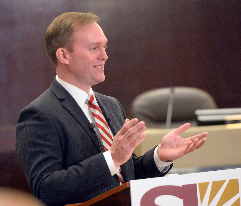 (Al Hartmann | The Salt Lake Tribune)
Salt Lake County Mayor Ben McAdams delivers the State of County address in the council chambers Tuesday, Feb. 13.