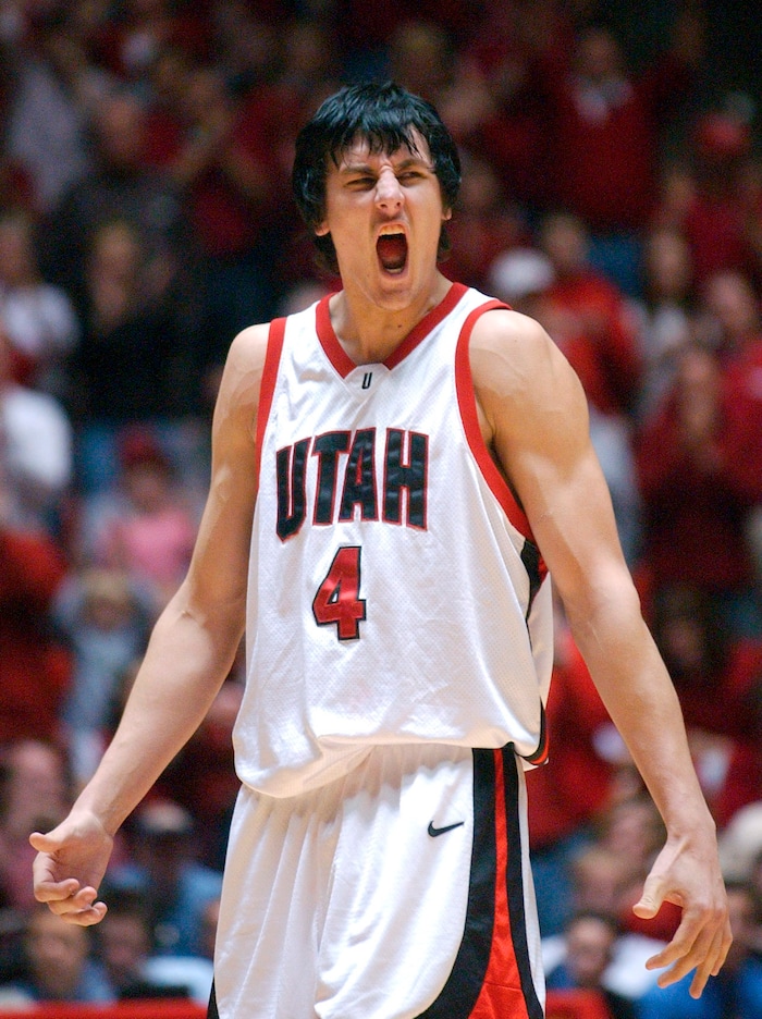Andrew Bogut makes a familiar face as the Utes finally pulled ahead of the cougars in the second half, In Basketball action BYU vs Utah at the Huntsman Center Saturday afternoon.  photo by Rick Egan