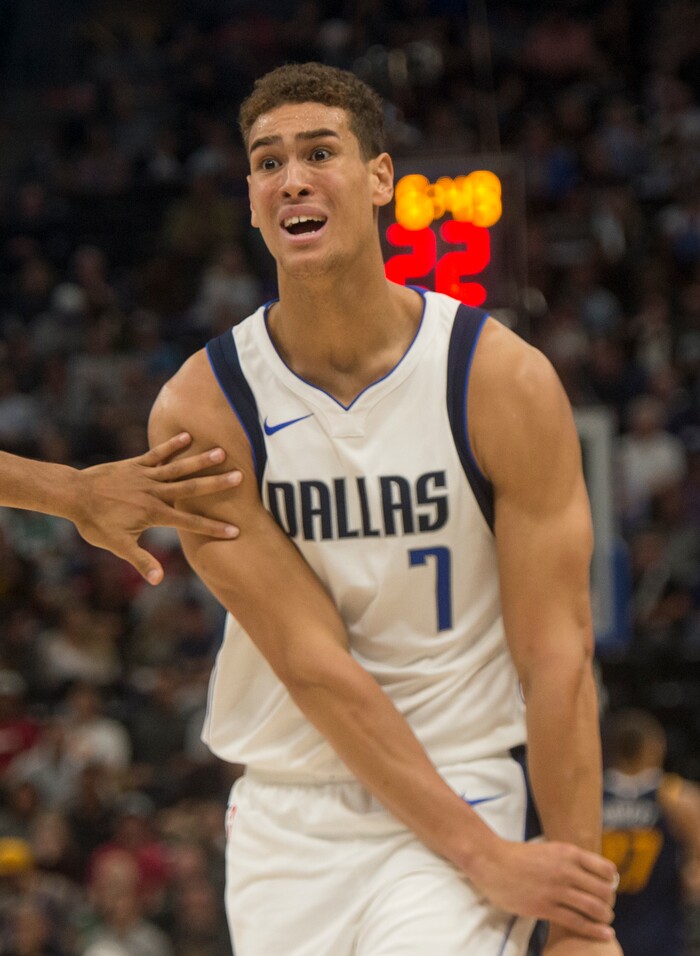 (Rick Egan  |  The Salt Lake Tribune) Utah Jazz center Rudy Gobert (27) defends as Dallas Mavericks guard Devin Harris (34) looks for a shot, in NBA action Utah Jazz vs. Dallas Mavericks, in Salt Lake City, Monday, October 30, 2017.