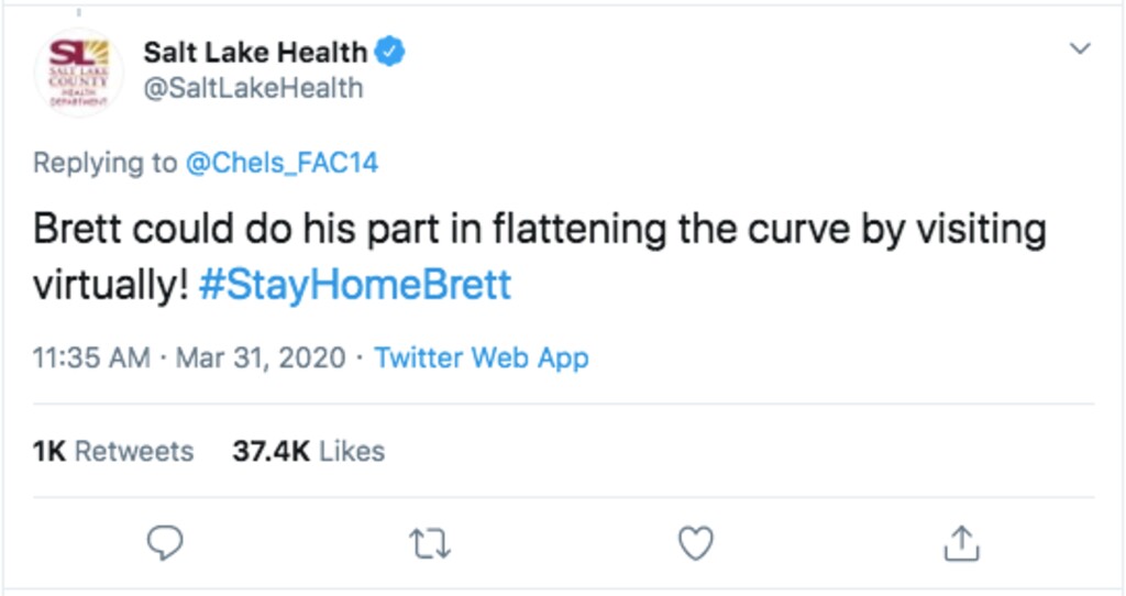 (Screenshot via Twitter) The Salt Lake County Health Department created the trending hashtag #StayHomeBrett in response to an argument between roommates at Brigham Young University-Idaho over boyfriend visits during shelter-in-place orders due to coronavirus.