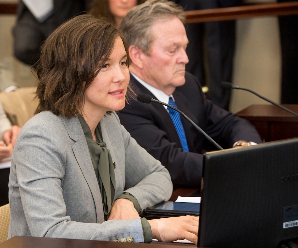 (Rick Egan  |  The Salt Lake Tribune)    Erin Mendenhall,  Salt Lake City Council makes a comment on SB234, the inland port bill in the Economic Development committee meeting, Friday, March 2, 2018.
