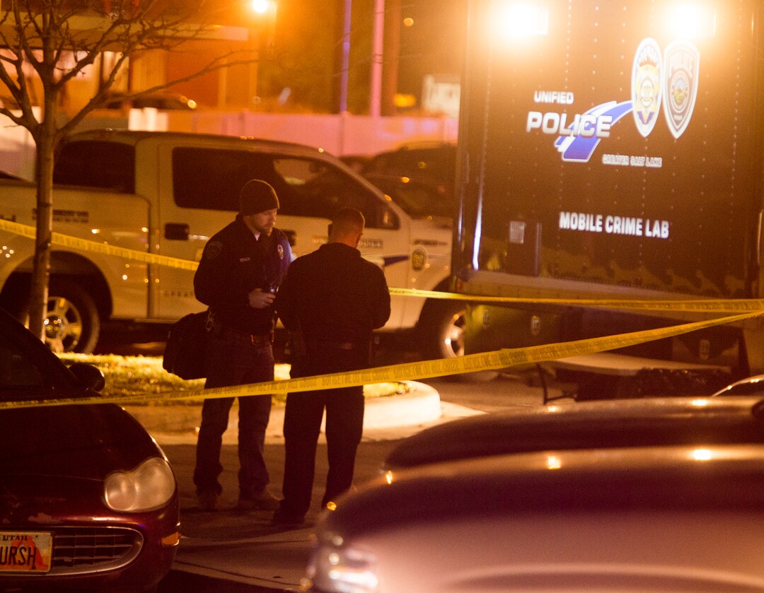 (Rick Egan  |  The Salt Lake Tribune)  Police investigate a shooting at the Village at Rivers Edge Apartment complex in West Valley, City, Tuesday, November 7, 2017.