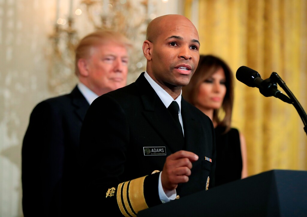 FILE - In this Feb. 13, 2018, file photo, Surgeon General Jerome Adams speaks during a National African American History Month reception hosted by President Donald Trump and first lady Melania Trump in the East Room of the White House in Washington. The nation's chief doctor wants more Americans to start carrying the overdose antidote naloxone in an effort to combat the nation's opioid crisis. U.S. Surgeon General Dr. Adams is expected to speak about the public health advisory Thursday, April 5, at the National Rx Drug Abuse & Heroin Summit in Atlanta. (AP Photo/Manuel Balce Ceneta, File)
