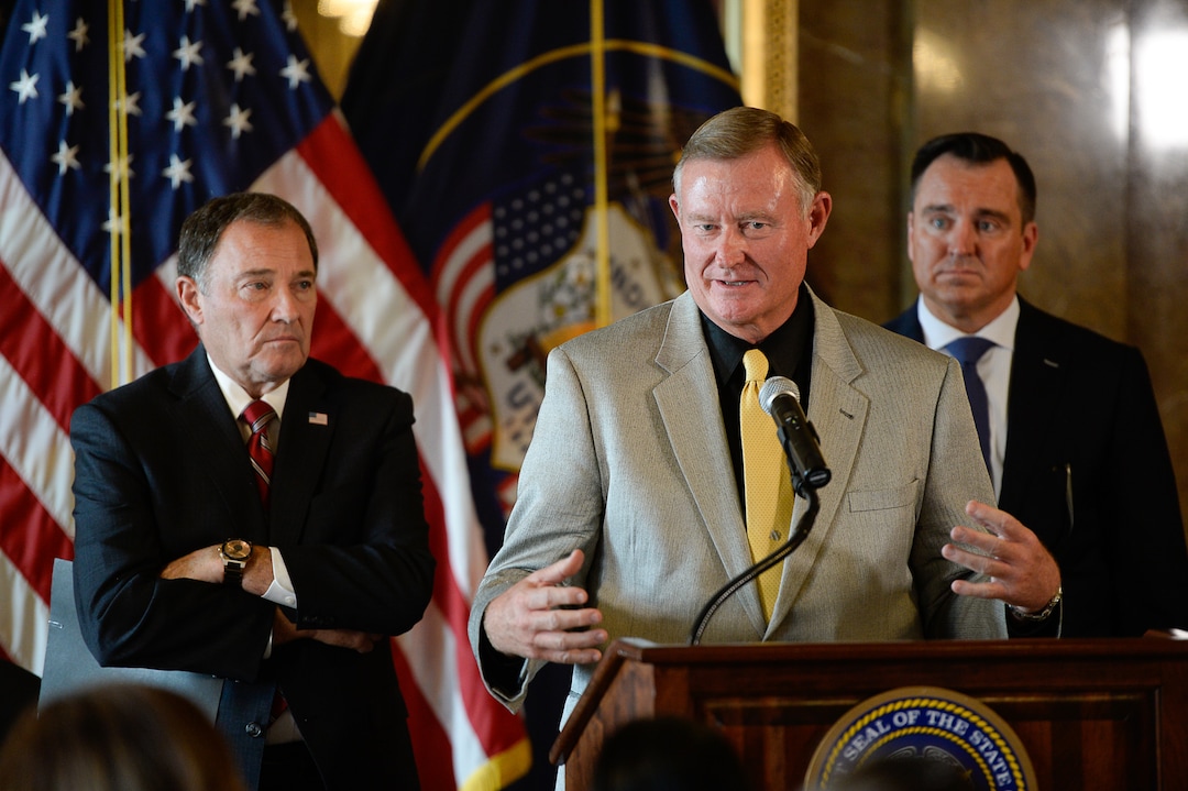 (Francisco Kjolseth  |  The Salt Lake Tribune)  Sen. Evan Vickers, R-Cedar City, a trained pharmacist explains plans for how dispensing of medical marijuana would work during an announcement for a Òshared visionÓ for cannabis policy at the Utah Capitol on Thursday, Oct. 4, 2018.