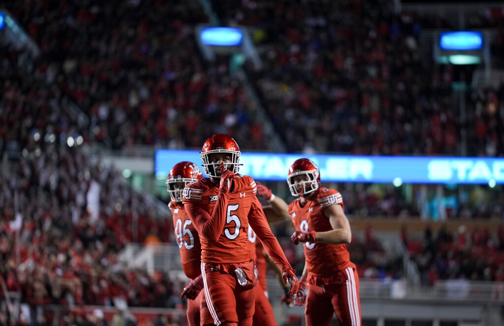 (Bethany Baker | The Salt Lake Tribune) Utah Utes cornerback Zemaiah Vaughn (5) celebrates after sacking the Brigham Young Cougars quarterback Jake Retzlaff (12) (not pictured) during the game between the Utah Utes and the Brigham Young Cougars at Rice-Eccles Stadium in Salt Lake City on Sunday, Nov. 10, 2024.