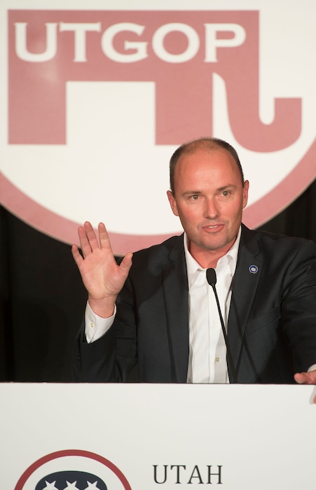 Steve Griffin | The Salt Lake Tribune
Lt. Governor Spencer J. Cox speaks at the beginning of the GOP election night party at the Hilton in downtown Salt Lake City, Tuesday November 4, 2014.