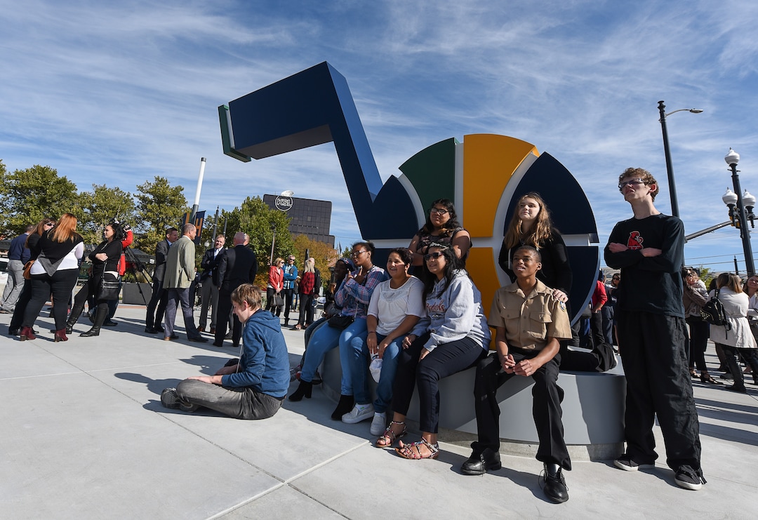 (Francisco Kjolseth  |  The Salt Lake Tribune)  Fans gather as the Jazz unveil renovations for the arena, starting with the J-Note statue and then offering self-guided tours of the venue on Tuesday, Sept. 26, 2017. The arena features new seats, new concourse areas, new anchor restaurants and open spaces for more social experiences at Jazz games and events.