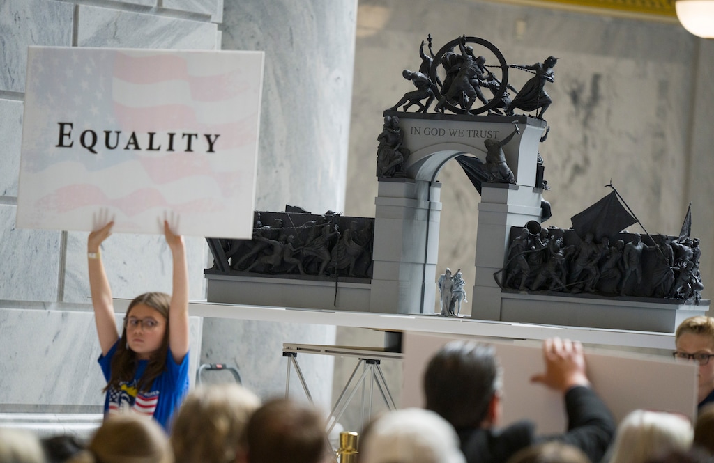 (Bethany Baker | The Salt Lake Tribune) A model of the Grand Liberty Arch designed by sculptor Sabin Howard is on display during a special event honoring the planned monument  and America's 250th birthday at the Capitol in Salt Lake City on July 6, 2026.