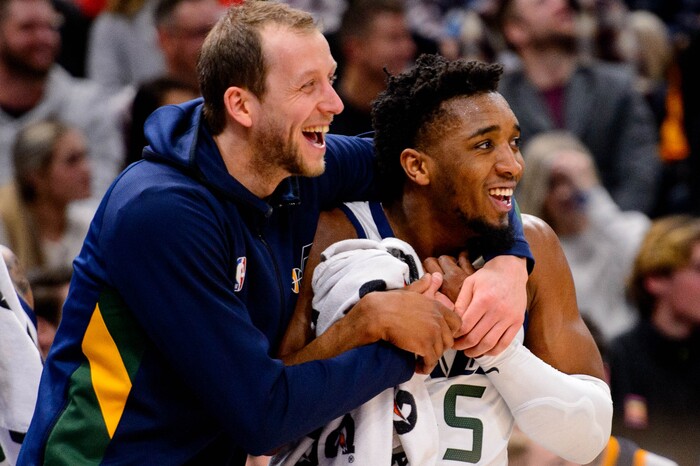 (Trent Nelson  |  The Salt Lake Tribune) Utah Jazz forward Joe Ingles (2) and Utah Jazz guard Donovan Mitchell (45) celebrate a dunk by Utah Jazz center Tony Bradley (13) as the Utah Jazz host the Sacramento Kings, NBA basketball in Salt Lake City on Saturday, Jan. 18, 2020.