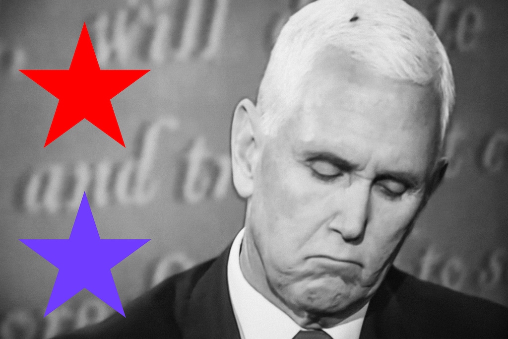 (Illustration by The New York Times; photo by Damon Winter | The New York Times)
Vice President Mike Pence never exhibited any awareness — not the subtlest glance upward, not the slightest flinch or twitch — that his head had been colonized by a fly during Wednesday's debate.