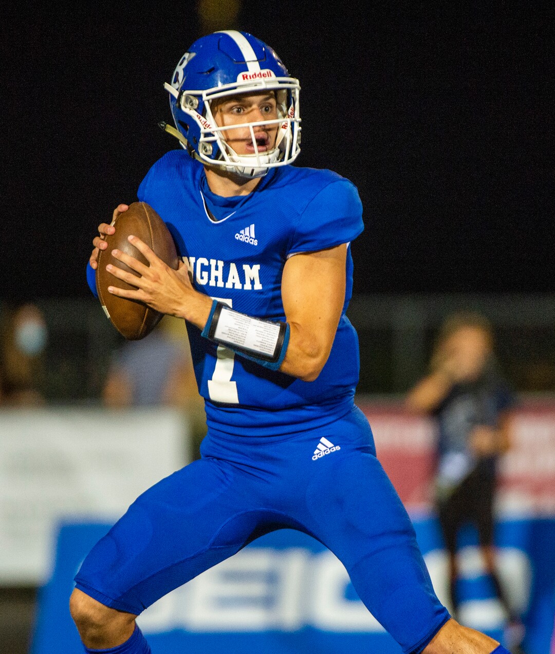 (Rick Egan  |  The Salt Lake Tribune)     Bingham quarterback Troy Mehn looks down field, in prep action between the Bingham Miners and the Corner Canyon Chargers, at Bingham High onFriday, Aug. 28, 2020.