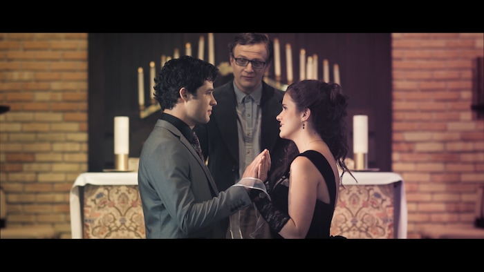 (Photo courtesy Parking Garage Pictures) Romeo (Dallon Major, left) and Juliet (Devin Neff, right) say their vows before Friar Lawrence (Brian Kocherans) in a movie version of Shakespeare's "Romeo & Juliet," made by a cast and crew made up mostly of Utah Valley University students.