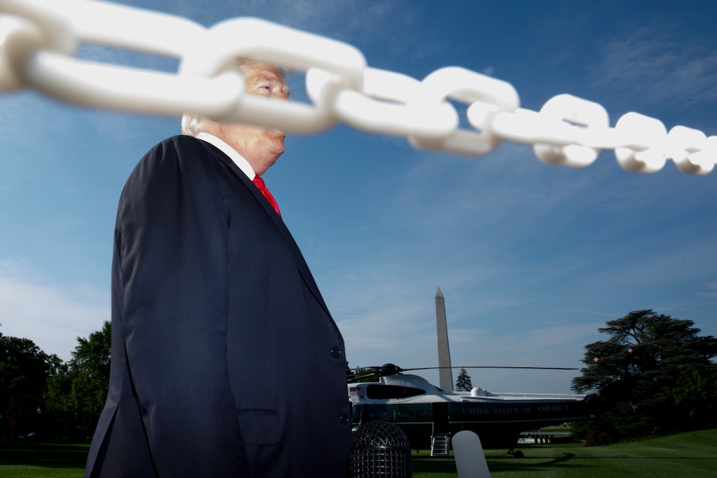(Tom Brenner | The New York Times)
Then-President Donald Trump speaks before boarding Marine One at the White House in Washington, May 30, 2019. "If Trump has any genuine business acumen, it's been his ability to simultaneously present himself as a real estate genius for the purpose of bank loans while also claiming massive business losses when he's dealing with the Internal Revenue Service," The New York Times columnist Gail Collins writes.
