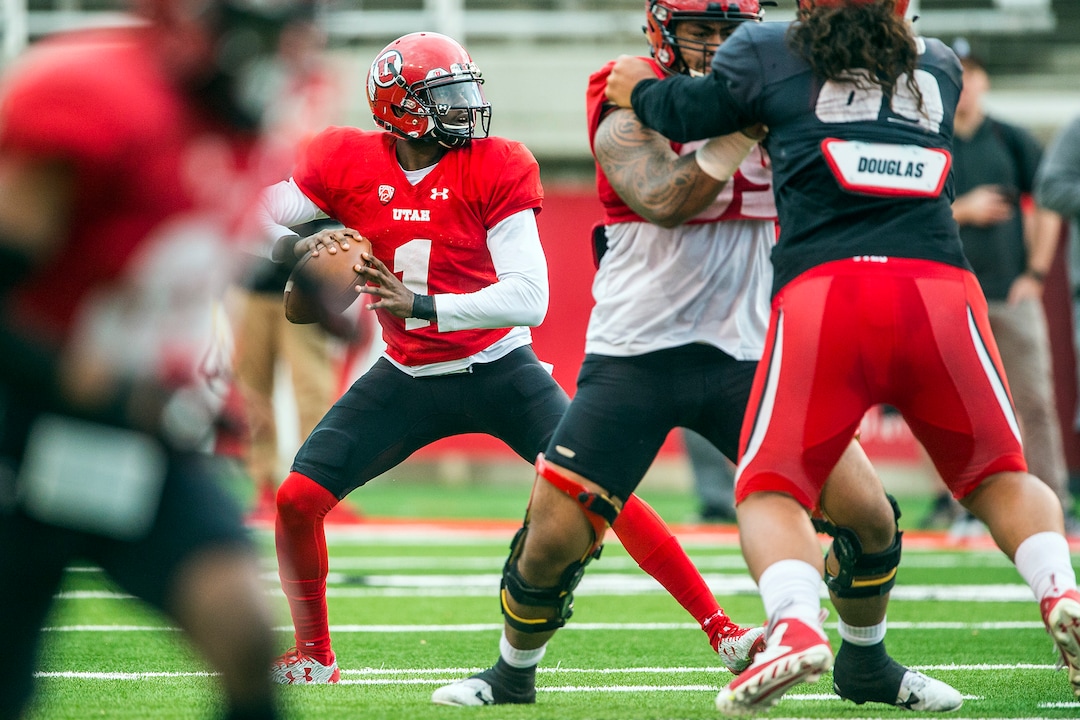 Chris Detrick  |  The Salt Lake TribuneUtah Utes quarterback Tyler Huntley (1) during a scrimmage at Rice-Eccles Stadium Friday March 31, 2017.  