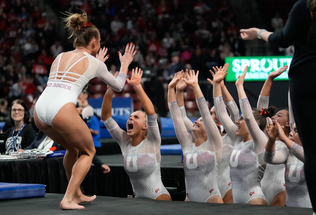 (Francisco Kjolseth  |  The Salt Lake Tribune) Abby Paulson celebrates her floor routine with teammates during the Pac-12 Gymnastics Championships, at the Maverik Center in West Valley City on Saturday, March 23, 2024.
