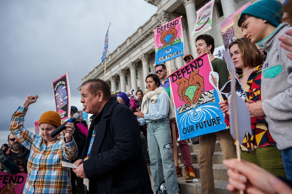 (Trent Nelson | The Salt Lake Tribune) Darren Parry, former chairman of the Northwestern Band of the Shoshone Nation, speaks at a "Rally to Save Our Great Salt Lake" at the Capitol building in Salt Lake City on Saturday, Jan. 14, 2023.