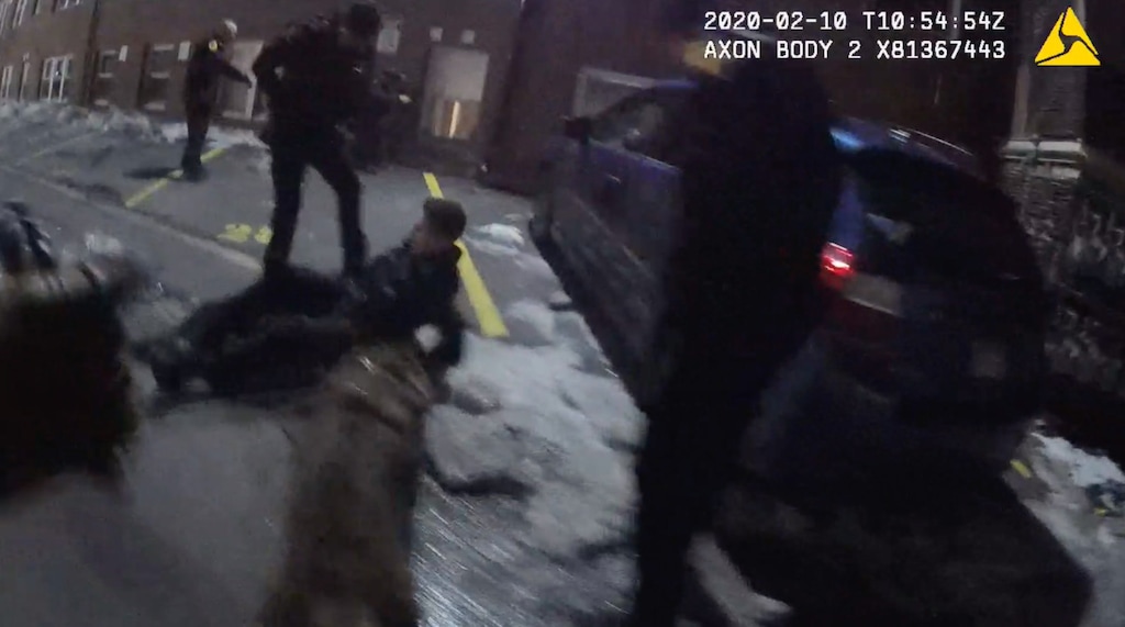 (screen grab from bodycam video) A Salt Lake City police officer lies on the ground after being shot while responding to a domestic violence call on Feb. 10, 2020. Natalie Thurber was allegedly fatally shot by her boyfriend, Michael Nance. He has also been charged with shooting the officer.