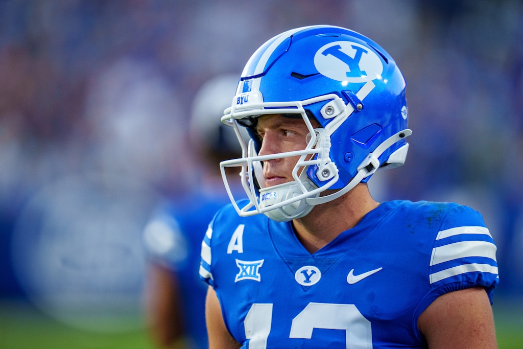 (Trent Nelson  |  The Salt Lake Tribune) Brigham Young Cougars quarterback Jake Retzlaff (12) as BYU hosts Southern Illinois, NCAA football in Provo on Saturday, Aug. 31, 2024.
