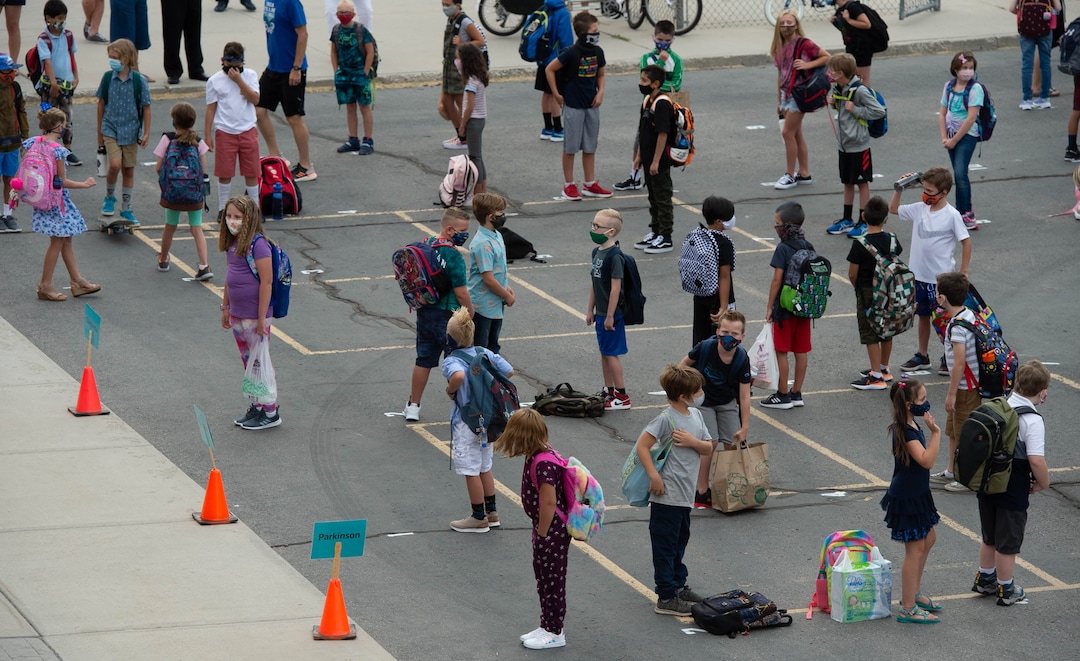 (Francisco Kjolseth  |  The Salt Lake Tribune) Students at Canyon View Elementary in Cottonwood Heights line up on the playground as they go back to school for the first day of classes for the Canyons School District on Monday, August 24, 2020.