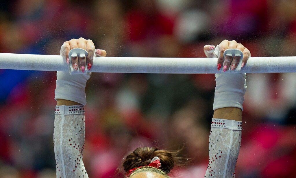 (Bethany Baker | The Salt Lake Tribune) A Utah gymnastics athlete in Salt Lake City on Friday, Feb. 20, 2026.