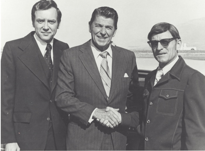 Samuel Young III, right, founder of the Young Automotive Group, shakes hands with Ronald Reagan circa 1981 as Orrin Hatch stands by. Young died Oct. 18, 2017, at age 89. Photo courtesy Young Automotive Group