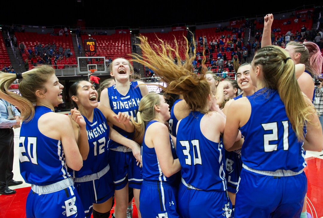 (Rick Egan  |  The Salt Lake Tribune)   The Bingham Miners celebrate their 59-51 win over the Fremont Silverwolves, in the 6A championship game, at the Jon M. Huntsman Center, Saturday Feb. 29, 2020