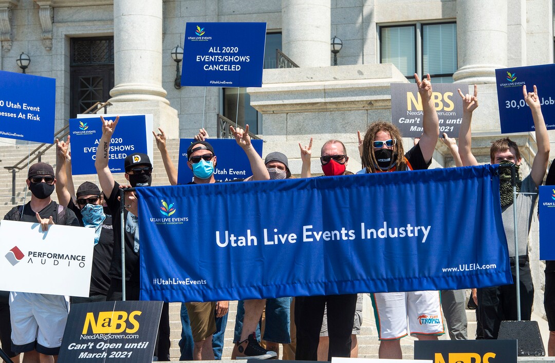 (Rick Egan  |  The Salt Lake Tribune)     More than 100 members of Utah Live Events Industry Association march to the State Capitol in a silent march to call attention to the state of their industry, on Tuesday, July 21, 2020.