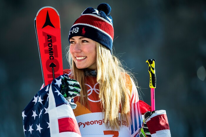 (Chris Detrick  |  The Salt Lake Tribune)  USA's Mikaela Shiffrin celebrates after winning gold in the Ladies' Giant Slalom at Yongpyong Alpine Centre during the Pyeongchang 2018 Winter Olympics Thursday, Feb. 15, 2018.  Shiffrin won the event with a time of 2:20.02.