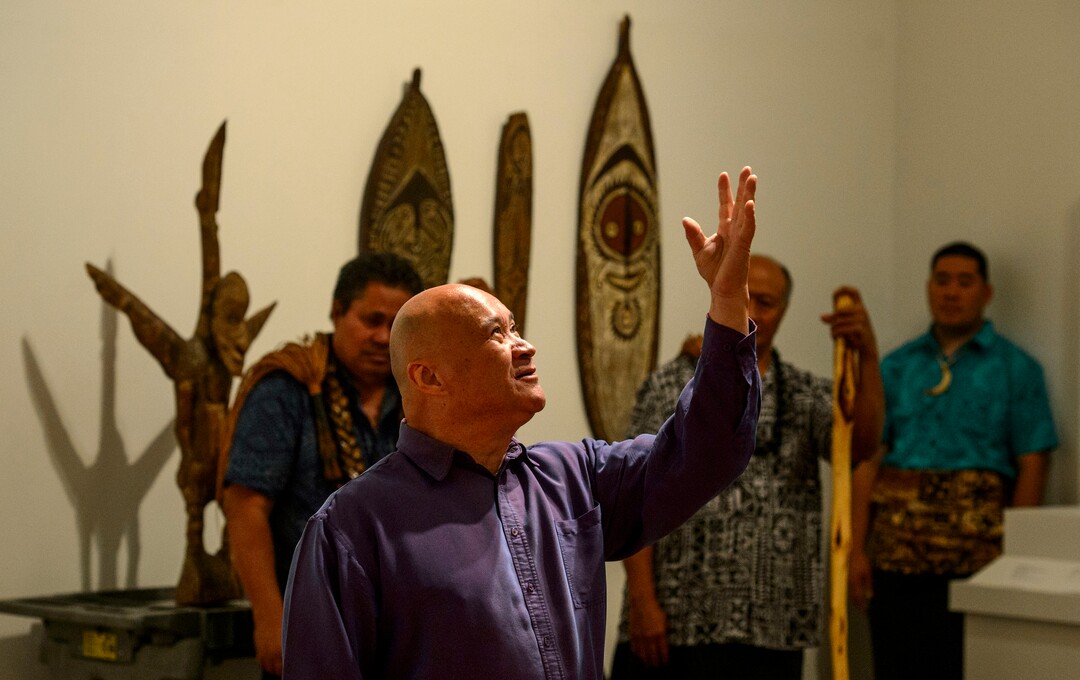 (Steve Griffin  |  The Salt Lake Tribune)  Nephi Prime is joined by members of Salt Lake City's Pacific Islander community as he blesses the Arts of the Pacific gallery in the newly renovated Utah Museum of Fine Arts on the University of Utah campus in Salt Lake City Tuesday August 8, 2017.  Elders from the local Maori and Samoan communities performed ceremonial dances, chants and oration to welcome the objects back on view and to thank Museum staff for continued care of their cultural objects.
