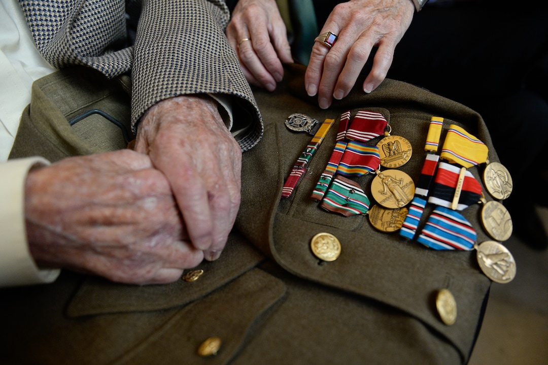 (Francisco Kjolseth  |  The Salt Lake Tribune)  Albert Vise, 100 who was part of the 13th wave on Omaha Beach on D-Day, joins a veteran centenarian celebration honoring over 20 veterans 99 and older in Utah at the State Capitol Rotunda on Tuesday, Nov. 5, 2019.