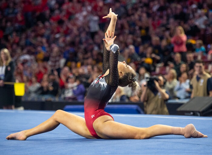 (Rick Egan  |  The Salt Lake Tribune)    MaKenna Merrill-Giles competes on the floor for Utah, in the PAC-12 Gymnastics Championships at the Maverik Center, Saturday, March 23, 2019.


