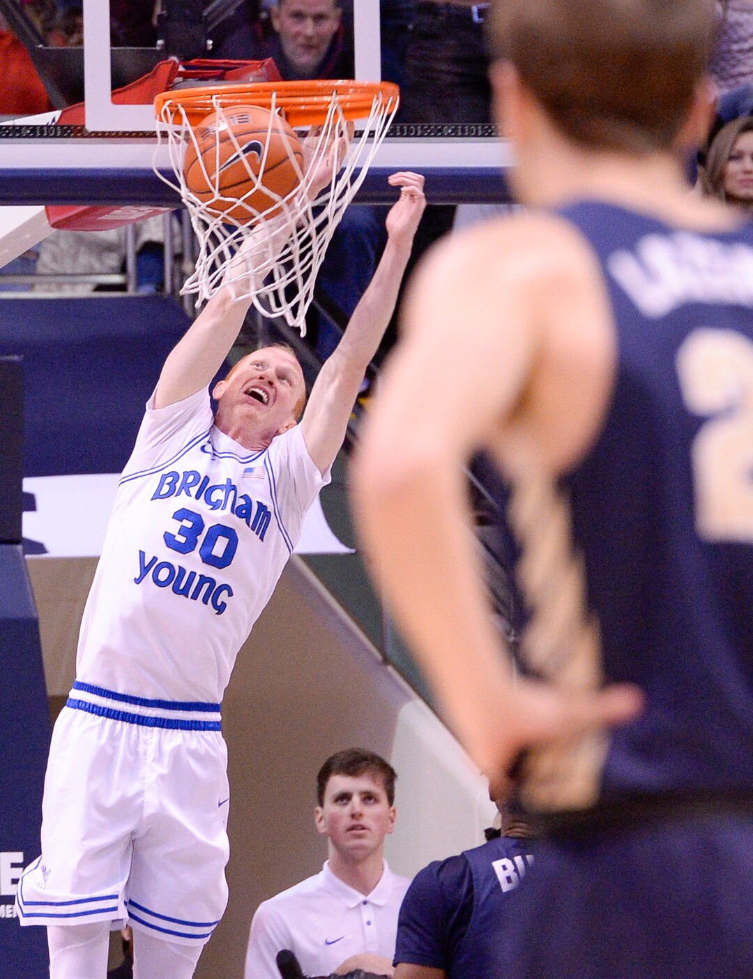 (Leah Hogsten  |  The Salt Lake Tribune) Brigham Young Cougars guard TJ Haws (30) dunks in the final minute of the game. Brigham Young University defeated Oral Roberts, 79-73, Dec. 28, 2019 at the Marriott Center in Provo.