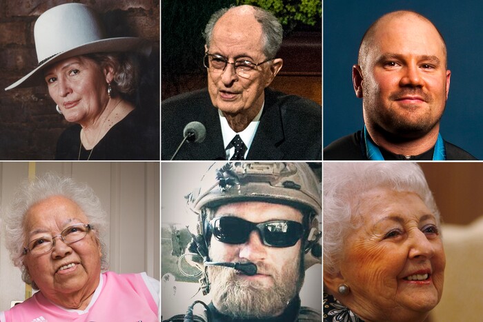 (Tribune file and courtesy photos)  Top row: Rosalie Sorrels, Robert Hales, Steven Holcomb. Bottom row: Keiko Mori, Aaron Butler, Florence Jacobsen.