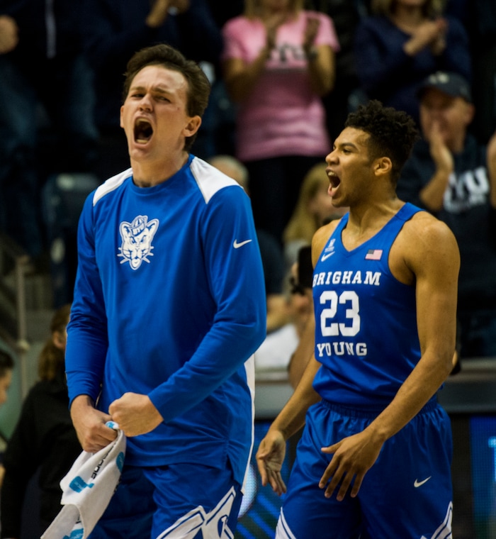 (Rick Egan  |  The Salt Lake Tribune) Brigham Young forward Yoeli Childs (23) celebrates a 23-11 Cougar lead, in basketball action Utah Utes vs. Brigham Young Cougars at the Marriott Center in Provo, Saturday, December 15, 2017.


