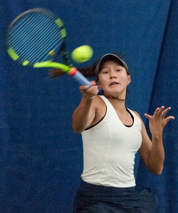 Michael Mangum  |  Special to the TribuneRidgeline High School's Naya Tillit hits a forehand shot during the Utah high school state tennis finals at the Salt Lake Tennis & Health Club in Salt Lake City on Saturday, September 30, 2017. Tillit defeated Park City's Livi Rockwood for the 4A 1st singles state championship.