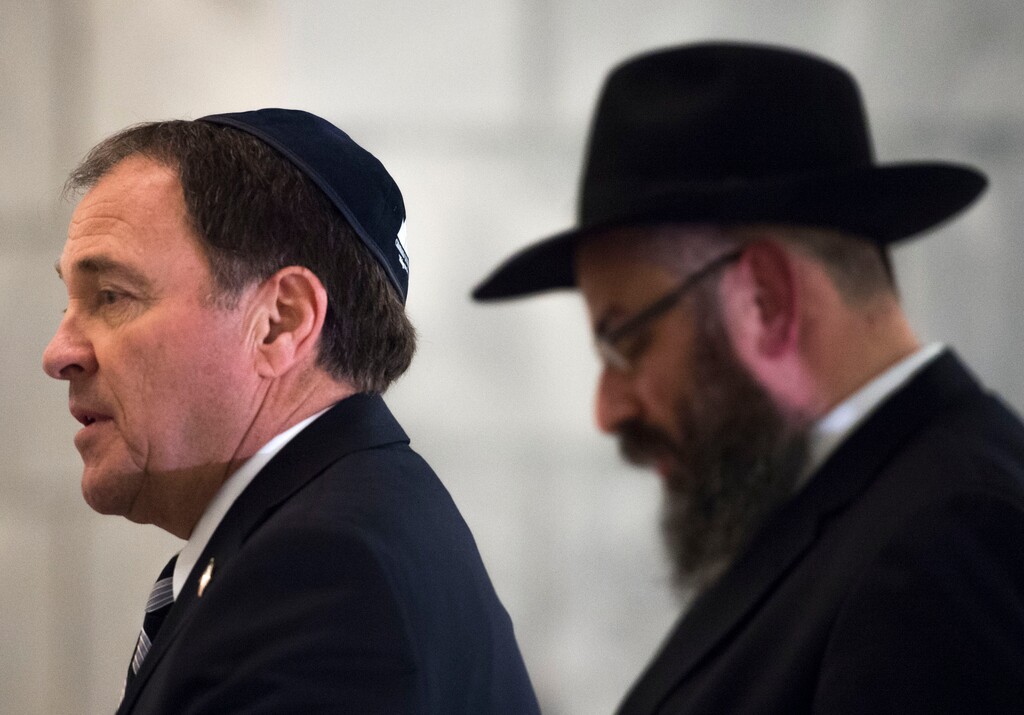 Steve Griffin  |  The Salt Lake TribuneGov. Gary Herbert speaks as he joins Rabbi Benny Zippel, of Chabad Lubavitch of Utah, during the lighting of the menorah to start Hanukkah in the Capitol Rotunda in Salt Lake City, Tuesday, December 16, 2014. 