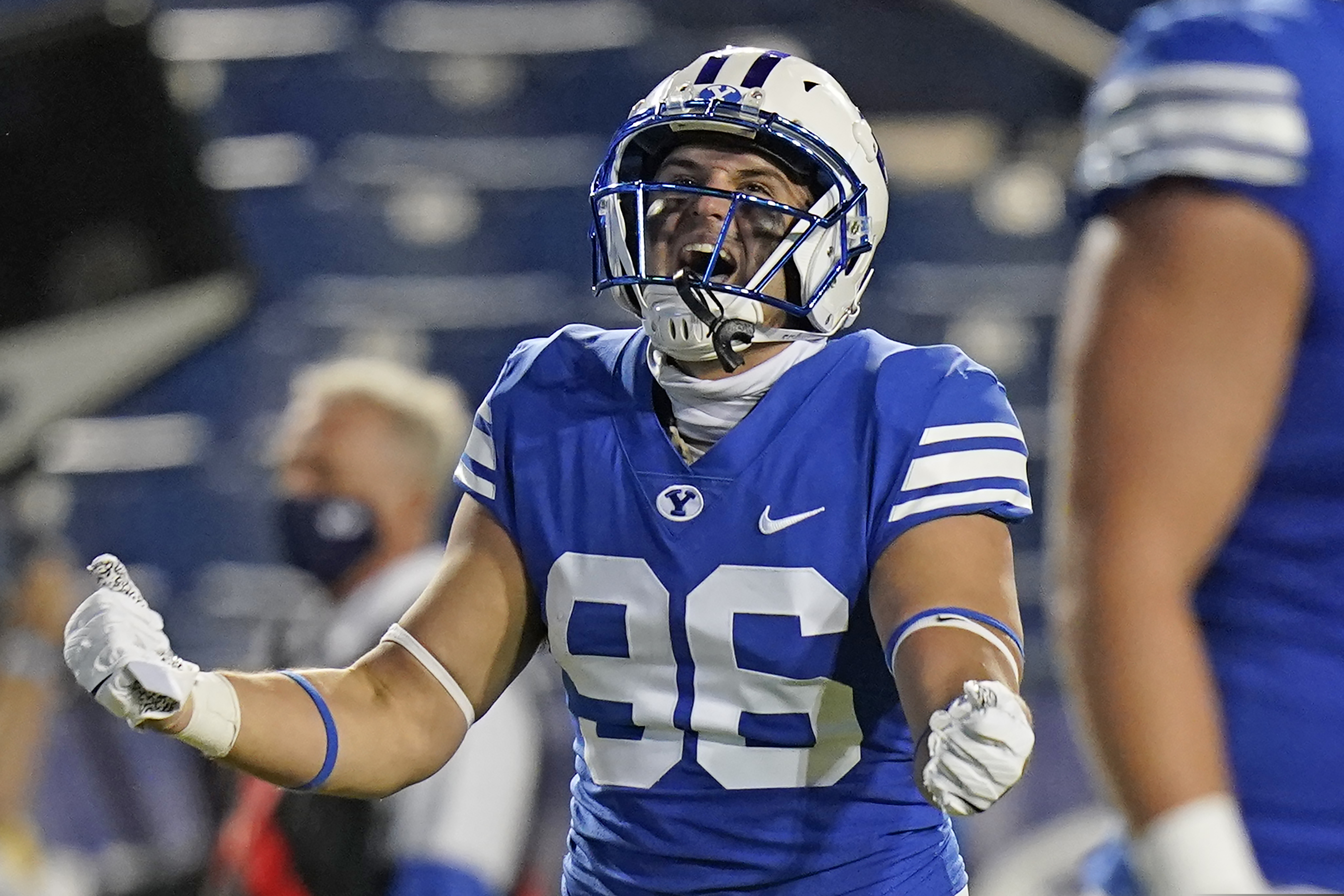 (Rick Bowmer | AP pool photo) BYU tight end Carter Wheat celebrates after scoring against Louisiana Tech during the first half of an NCAA college football game Friday, Oct. 2, 2020, in Provo, Utah.