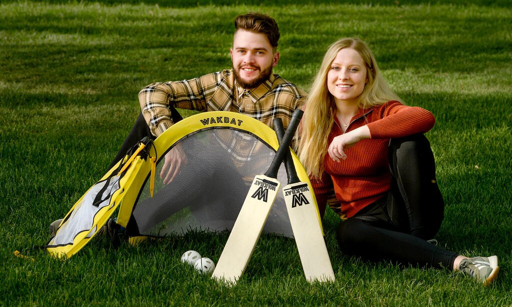 (Leah Hogsten | The Salt Lake Tribune) High School sweethearts turned college students Josh Crockett and wife Sydney Crockett have created Wakbat, a friendly lawn game, May 11, 2020. Wakbat is a derivative of a game they saw played in the city of Sao Paulo during their LDS missions to Brazil.