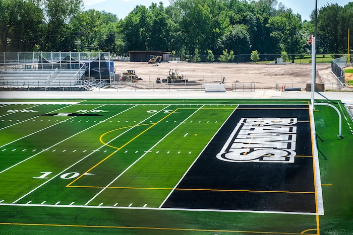 (Chris Detrick  |  The Salt Lake Tribune)  The artificial turf football field at Highland High School Friday July 3, 2015.   