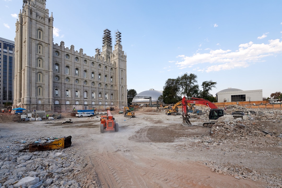 (Photo courtesy The Church of Jesus Christ of Latter-day Saints) A view of the north side of the Salt Lake Temple renovation project in August 2020 after crews dismantled the 1960s additions.
