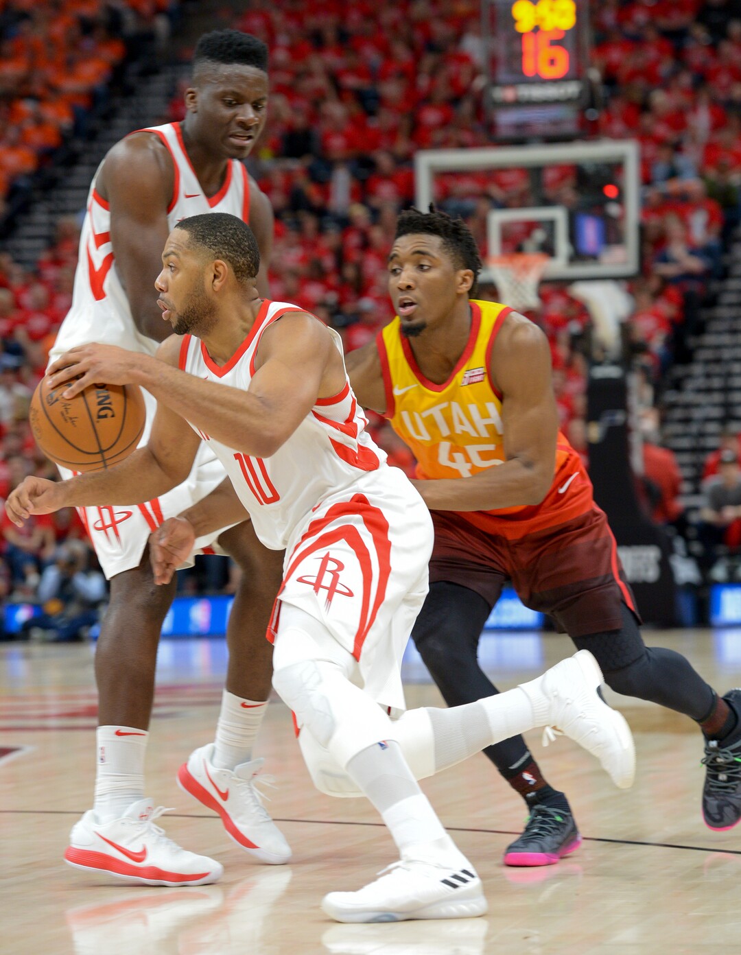 (Leah Hogsten  |  The Salt Lake Tribune)  Houston Rockets center Clint Capela (15) screens Utah Jazz guard Donovan Mitchell (45) for teammate Houston Rockets guard Eric Gordon (10).  The Houston Rockets defeated the Utah Jazz 113-92 in Game 3 of an NBA basketball second-round playoff series Friday, May 4, 2018 in Salt Lake City.