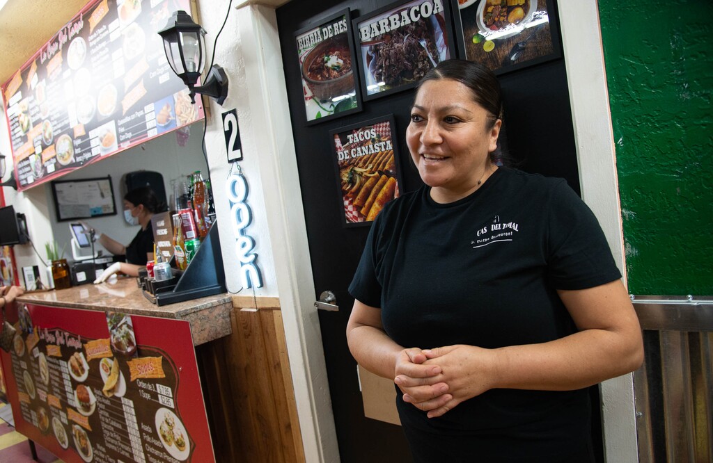 (Francisco Kjolseth  |  The Salt Lake Tribune) Cristina Olvera, owner of La Casa Del Tamal Mexican Restaurant, located inside the Azteca Bazaar in West Valley City, gets ready to start cooking.