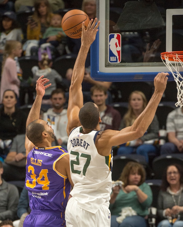 (Rick Egan  |  The Salt Lake Tribune) Utah Jazz center Rudy Gobert (27) reaches up to block a shot by Sydney Kings guard Perry Ellis (34), in preseason basketball Utah Jazz vs.Sydney Kings, in Salt Lake City, Sunday, October 2, 2017.


