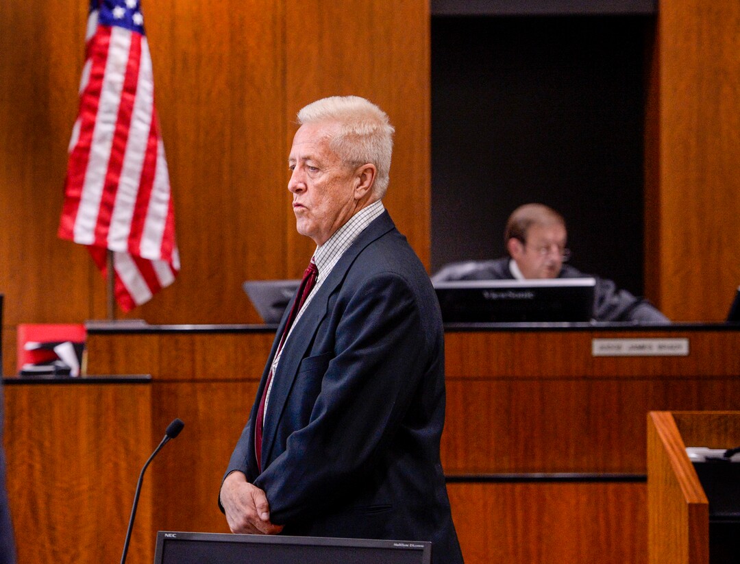 (Leah Hogsten  |  The Salt Lake Tribune)  Robert Lyman, left, flanked by his attorney, Andrew Deiss, was bound over for trial and pleaded not guilty to charges of reckless burning and burning during a closed fire season before Judge James Brady in Fourth District Court in Provo, Utah, July 30, 2019.