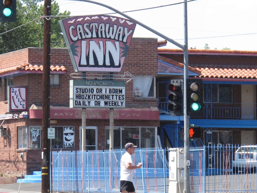 This photograph taken Wednesday, Aug. 29, 2018, in downtown Reno, Nev., shows one of the weekly motels that increasingly are becoming the last stop before homelessness for hundreds of working families who can't afford to live anyplace else. An economic boom spurred by the arrival of thousands of new employees at Tesla, Google, Apple and other corporate giants has created an unprecedented housing crisis in the area.
(AP Photo/Scott Sonner).